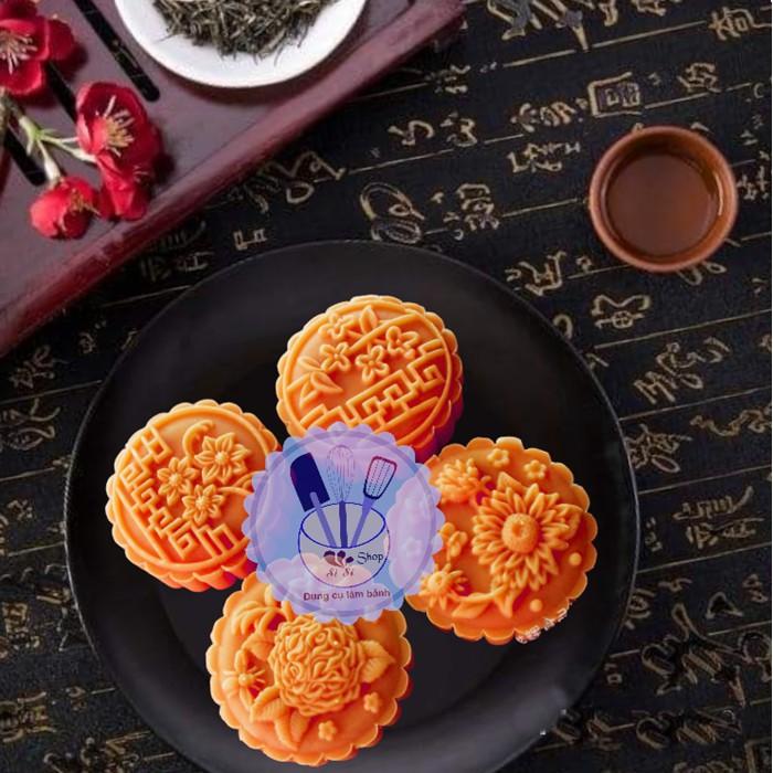 Khuôn bánh trung thu 3D 200g 4 mặt hoa cúc