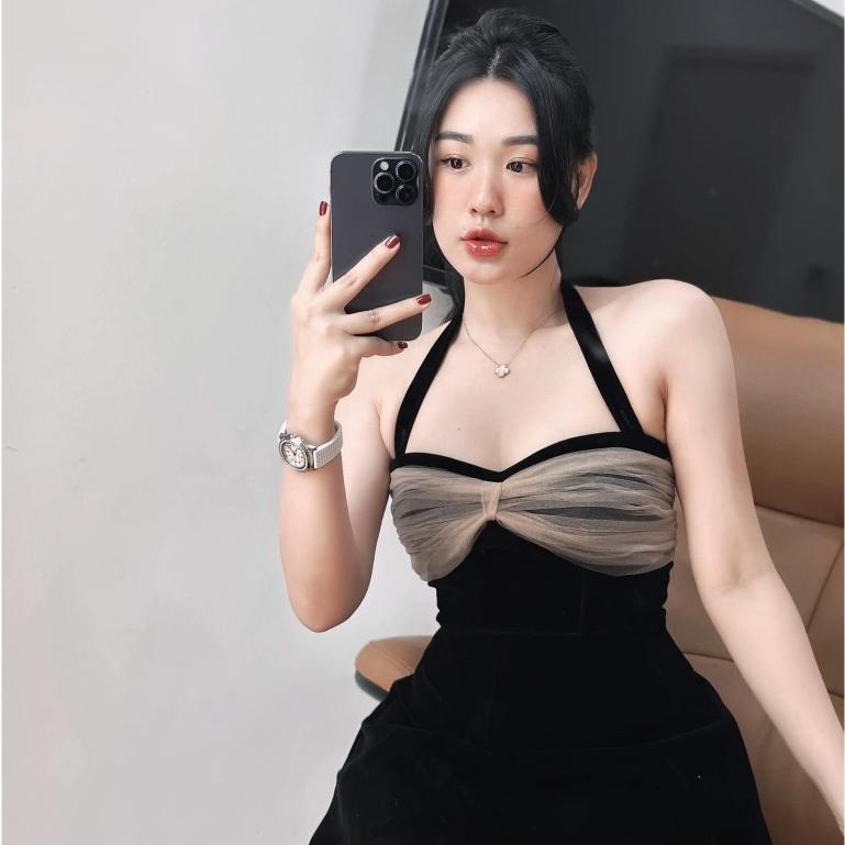 Đầm dự tiệc, Đầm cúp ngực chất nhung mịn phối nơ lưới Trendy Clothing
