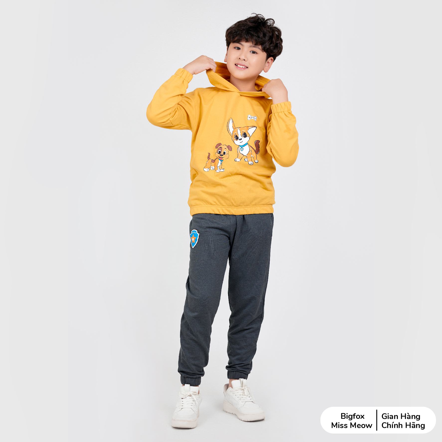 Bộ thu đông bé trai Bigfox Miss Meow chất nỉ da cá, dài tay có mũ trend Hàn Quốc size đại trẻ em 3,9,11 tuổi 40kg