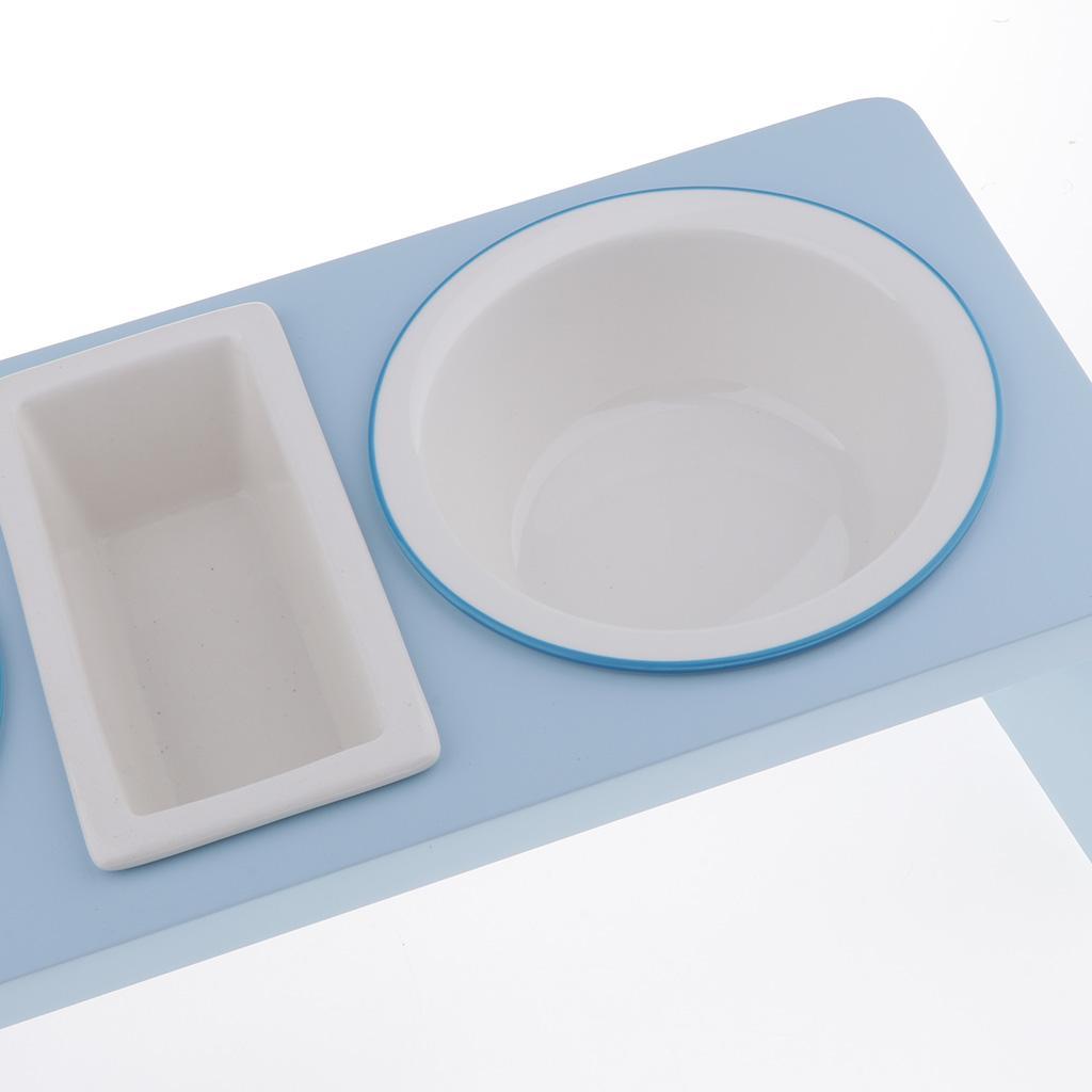 Pet Ceramic Food Water Feeding Bowl With Wooden Stand For Cat Dog Sky Blue