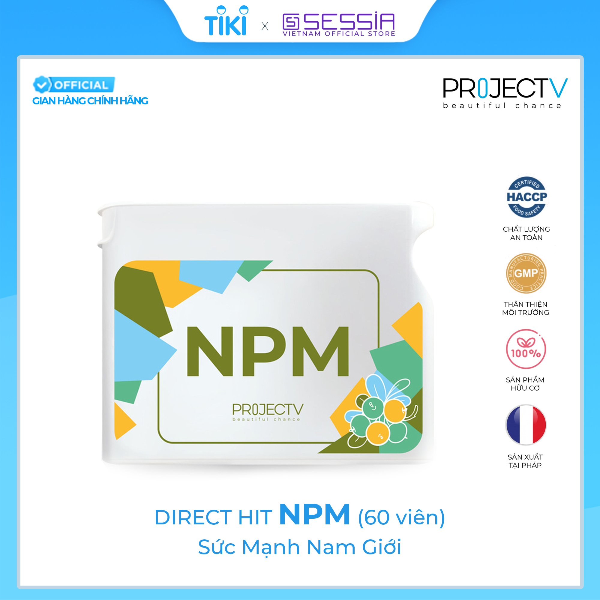 Thực Phẩm Sức Khỏe NPM Direct Hit - Sức Mạnh Đàn Ông Tự Nhiên - PROJECT V - Hộp 60 Viên - Xuất xứ Pháp, Hàng Chính Hãng