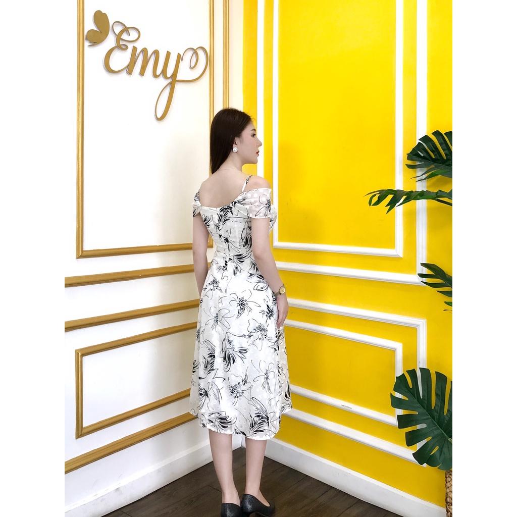 VÁY EMY EM6597 Nữ Xòe Rớt Vai Dự Tiệc Nền Trắng