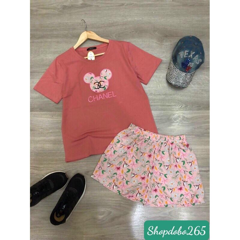 Đồ bộ nữ,đồ ngủ mặc nhà đùi áo thun cotton phối quần vải lụa size 45-57kg.