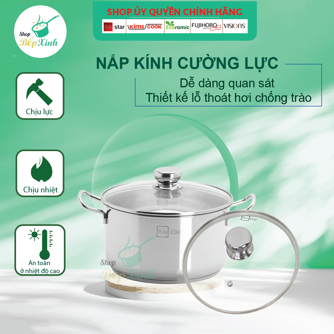 Bộ nồi inox , bộ nồi Fivestar 4 chiếc nắp kính 3 đáy, inox 430 ( tặng 2 vá canh ), dùng được bếp từ , gas, hồng ngoại