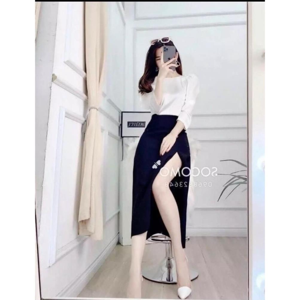 TSL-Set Váy áo trắng kèm chân váy xẻ tà màu đen Nữ Thiết Kế Tiểu Thư Đen Trắng Umi Cao Cấp