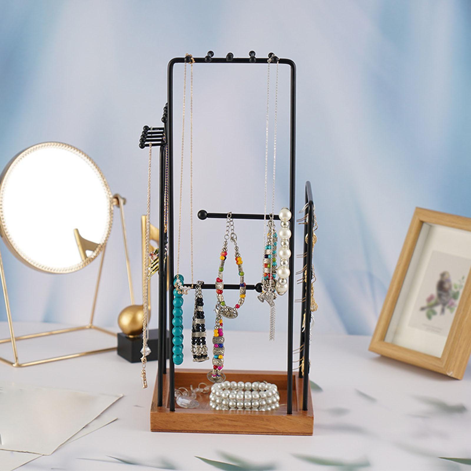 Jewelry Display Holder Stand with Wooden Tray Jewelry Organizer for Tabletop