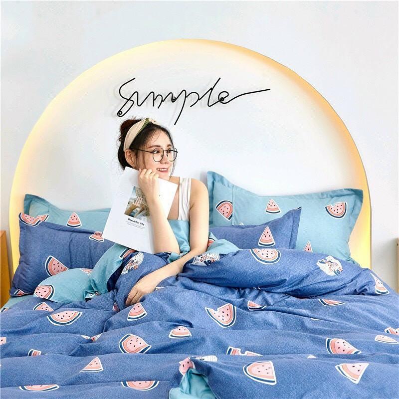 Bộ chăn ga Cotton Poly M2T bedding, chăn ga hàn quốc họa tiết dưa hấu xanh miễn phí bo chun