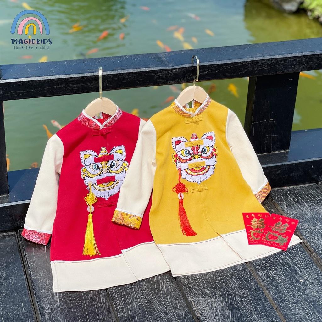 Áo dài bé trai Magickids dáng cách tân thêu lân sư kèm dây khánh chất nhung tăm mẫu mới Tết 2023 Quần áo trẻ em AD22002