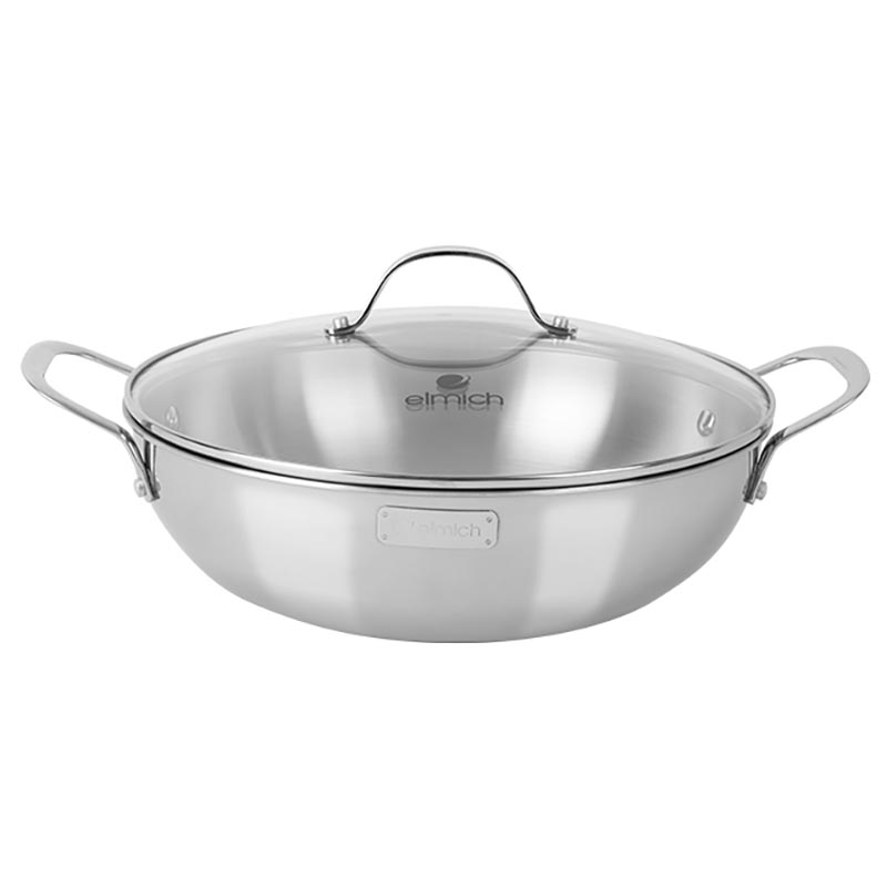 Chảo Inox 304 cao cấp 3 lớp đáy liền Elmich Tri-Max EL-379x size 28/30cm vung kính, hàng chính hãng