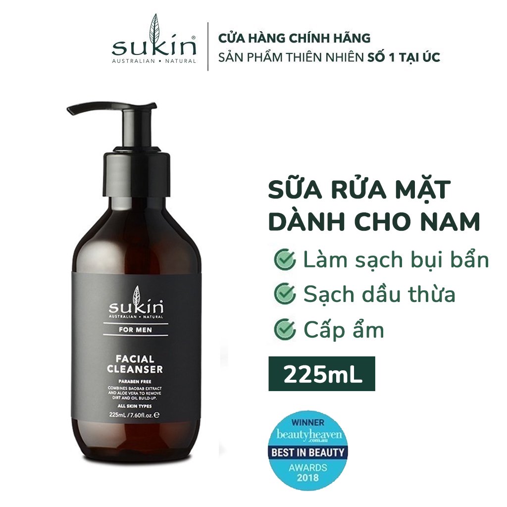 Combo làm sạch cơ bản Sukin for men ( Sữa tắm 3in 1 thể thao 500ml + Sữa rửa mặt 225ml)