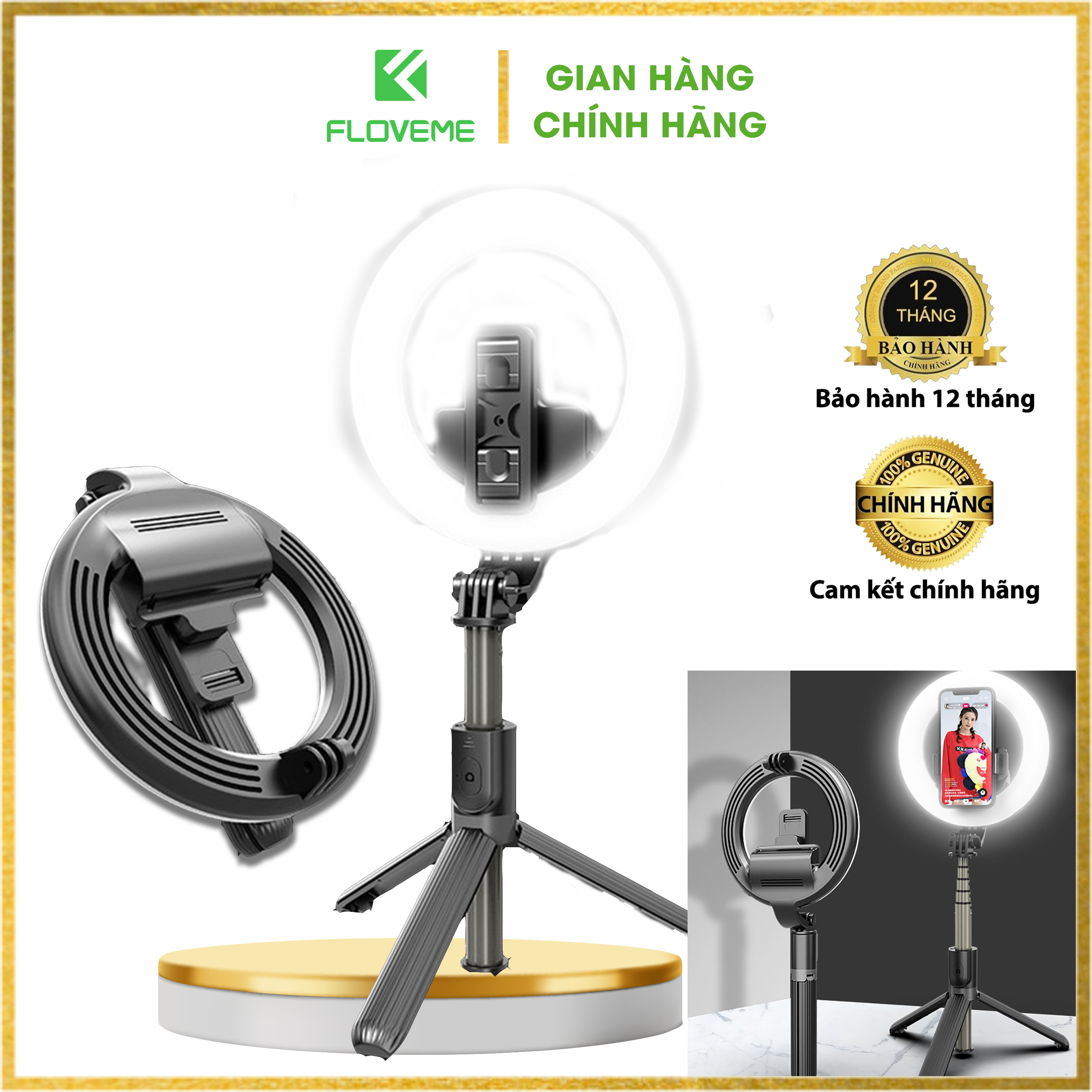 Gậy selfie FLOVEME L07 kiêm giá đỡ hỗ trợ Live stream tích hợp vòng đèn Led rực rỡ - Bộ điều khiển bluetooth từ xa siêu tiện lợi - Hàng chính hãng