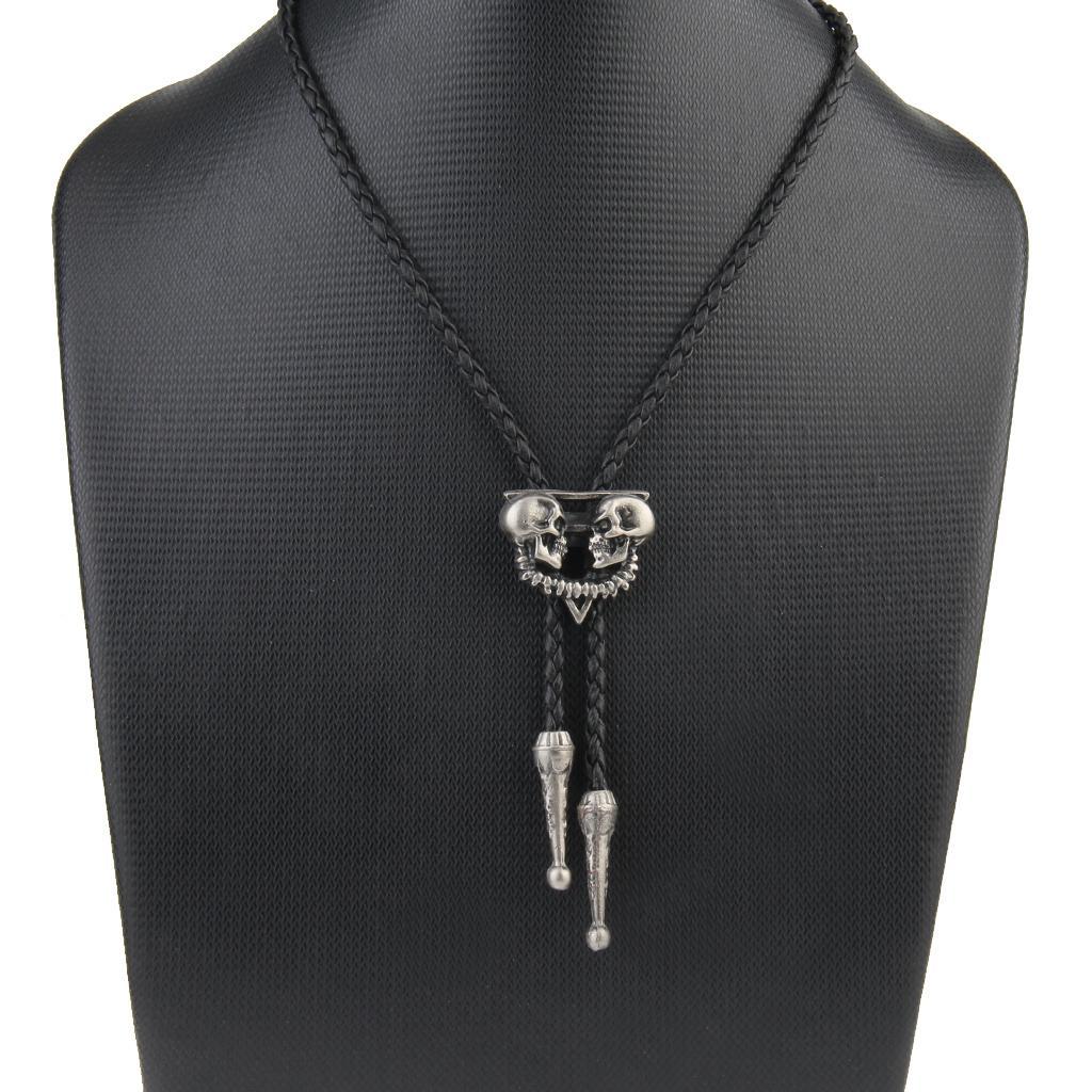 3X Punk Skeleton Skull Bolo Tie Leather Necktie Necklace Western Antique Silver