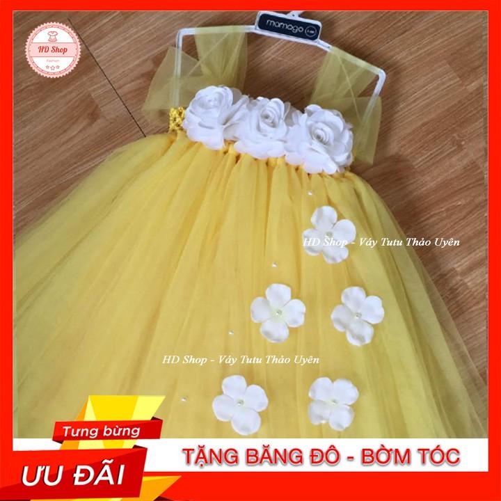 Váy công chúa cho bé, Váy công chúa vàng đính hoa hồng 3 bông cho bé
