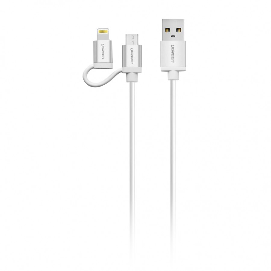 Cáp sạc điện thoại, smartphone 2 trong 1 Ugreen 20749 dài 1.5m chuẩn Micro USB và Lightning, sợi dây dầy, 3 đầu bọc aluminium - Hàng Chính Hãng