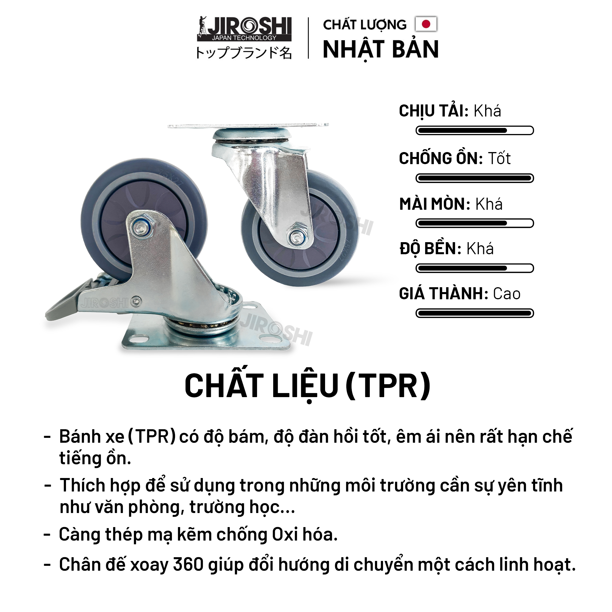 Bánh Xe Đẩy Hàng Cao Su TPR Có Bạc Đạn Và Khóa JIROSHI, Bánh Xe Chống Ồn Công Nghệ Nhật Bản,75mm