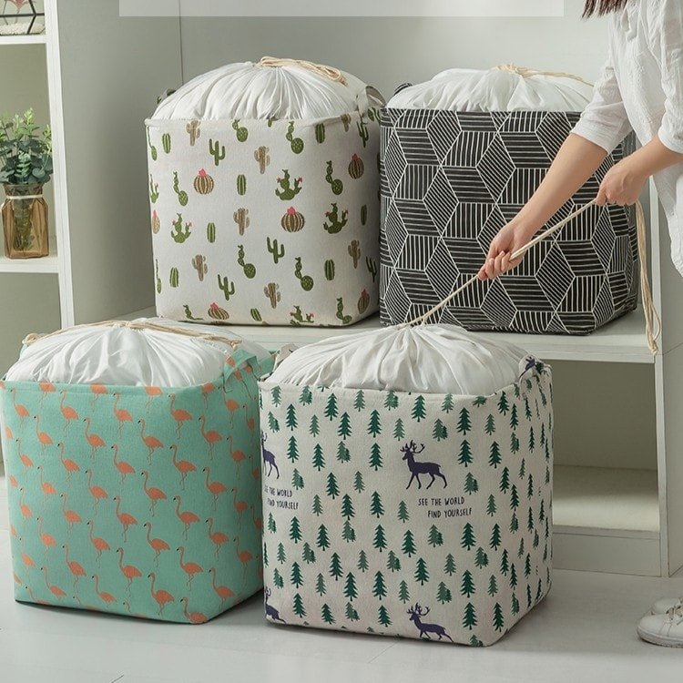 Túi đựng chăn màn, quần áo, drap, mền, khăn, sách vở, đồ dùng cá nhân.. cỡ lớn vuông 75 Lít - Họa tiết cực xinh vải dày dặn có thể gấp gọn