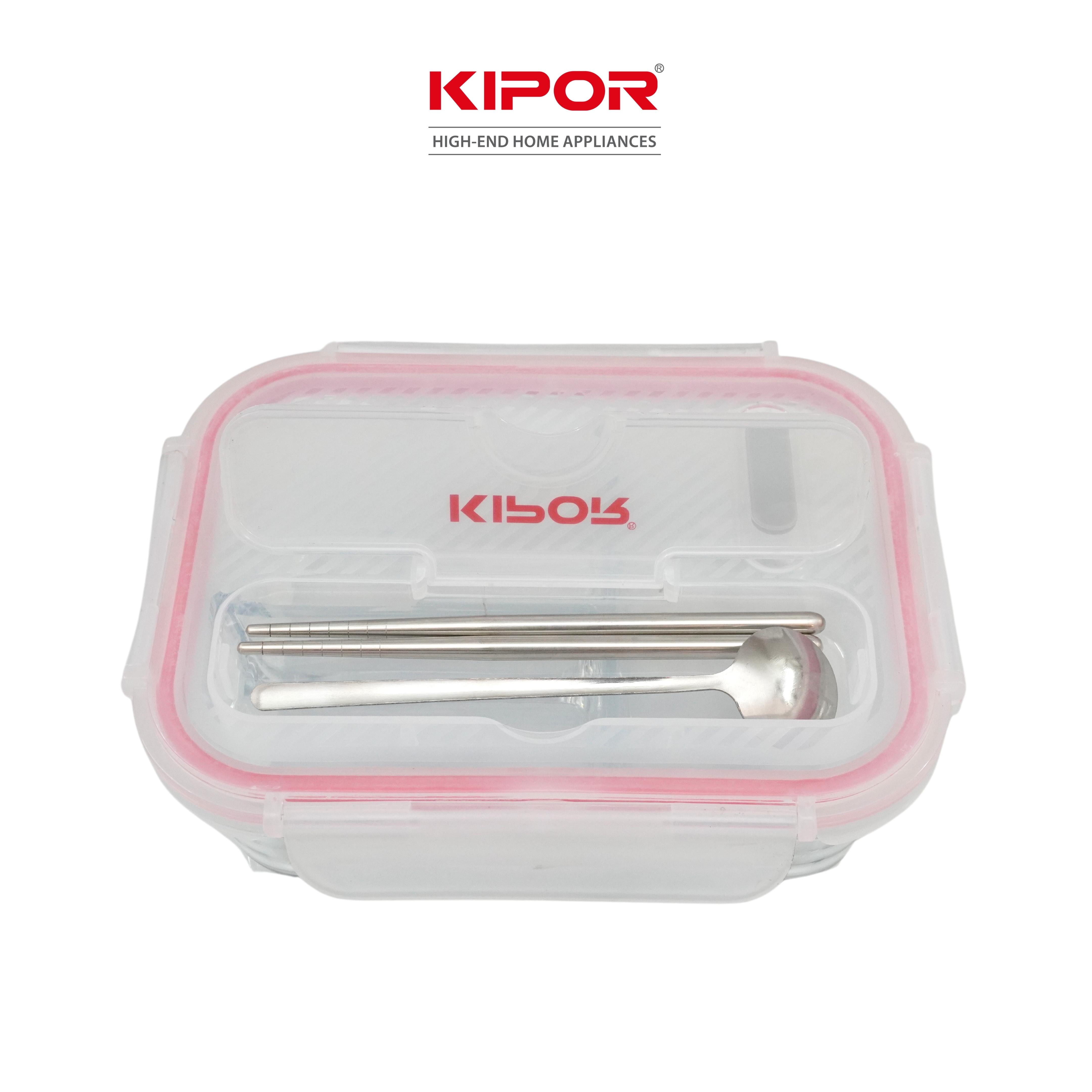 Combo hộp cơm + túi đựng cơm văn phòng KIPOR KP-HC02 - Hộp thuỷ tinh 3 ngăn kèm đũa thìa INOX - Hàng chính hãng