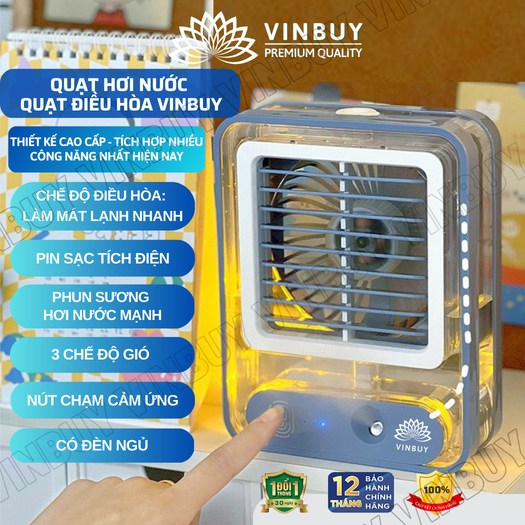 Quạt Điều Hòa Hơi Nước Mini Làm Mát Không Khí Để Bàn Nhỏ Gọn, Phun Sương Mạnh Nhiều Chế Độ Có Bình Đựng Nước, Nốt Chạm Cảm Ứng, Pin Sạc Tích Điện, Có Đèn - Hàng Chính Hãng Vinbuy - Xanh Dương