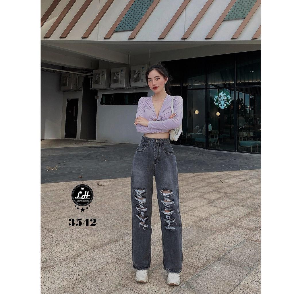 Quần jean nữ ống rộng, quần bò màu xám rách tả tơi siêu cá tính Lê Huy Fashion MS 3542
