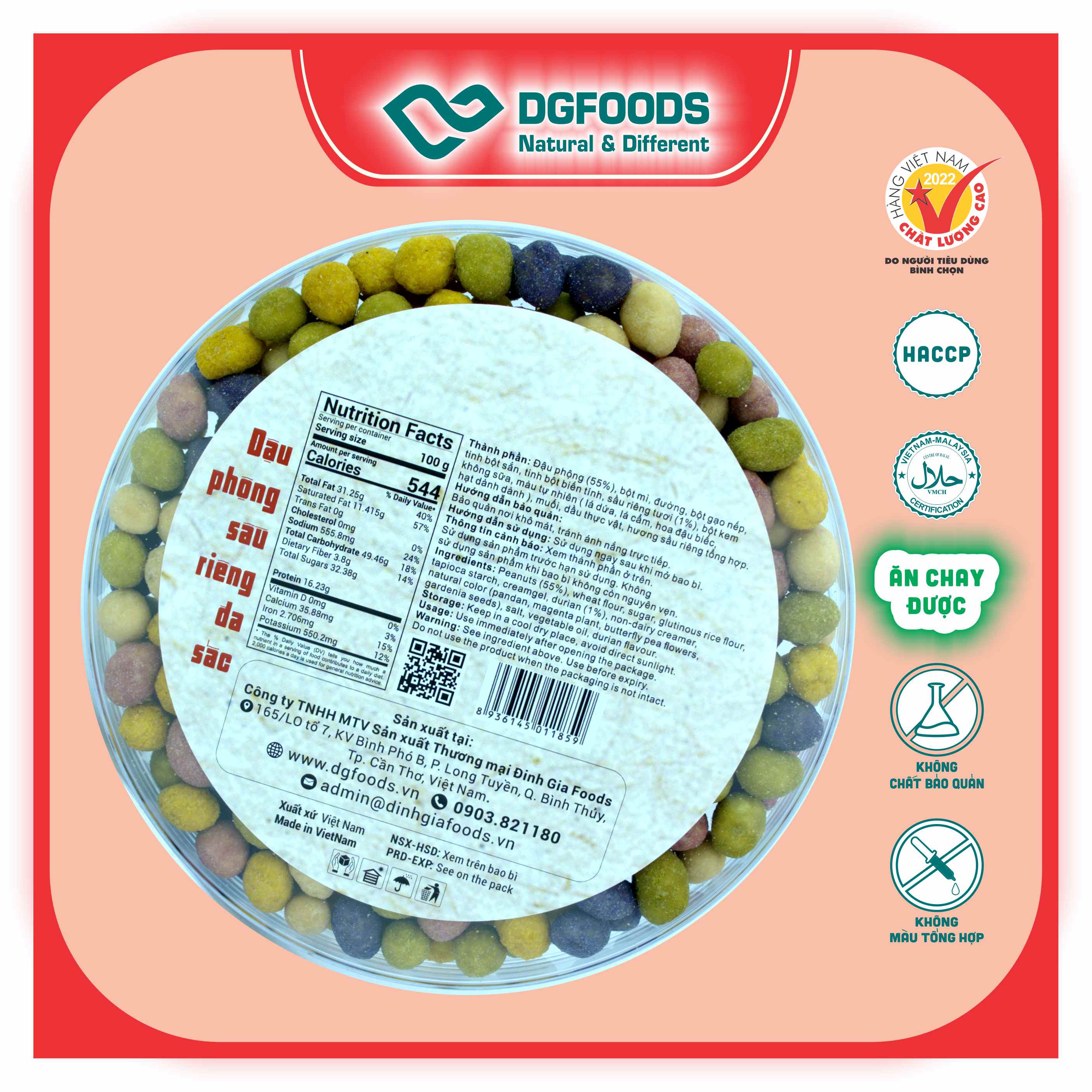 Đậu Phộng Sầu Riêng đa sắc DGfoods 320g/ hộp Sun, HVNCLC, Haccp, Halal, Ăn chay, Ăn kiêng, Đặc sản Cần Thơ, Hạt điều bình phước, Hạt điều sầu riêng nguyên chất, hạt dinh dưỡng, quà tặng, quà Tết, hộp quà, quà tặng cao cấp