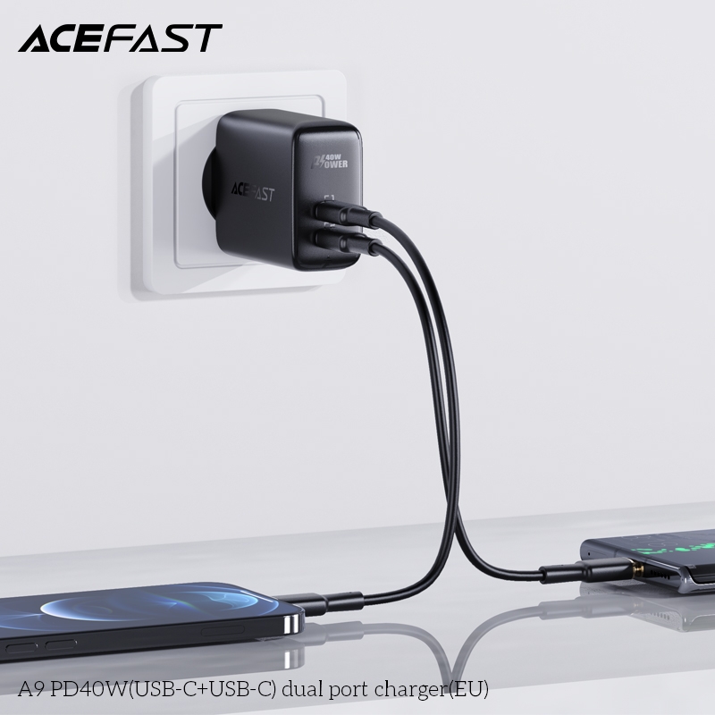 Adapter Sạc Acefast PD 3.0 40W 2 Cổng USB Type-C USB Type-C Chuôi Tròn EU A9 - Hàng Chính Hãng