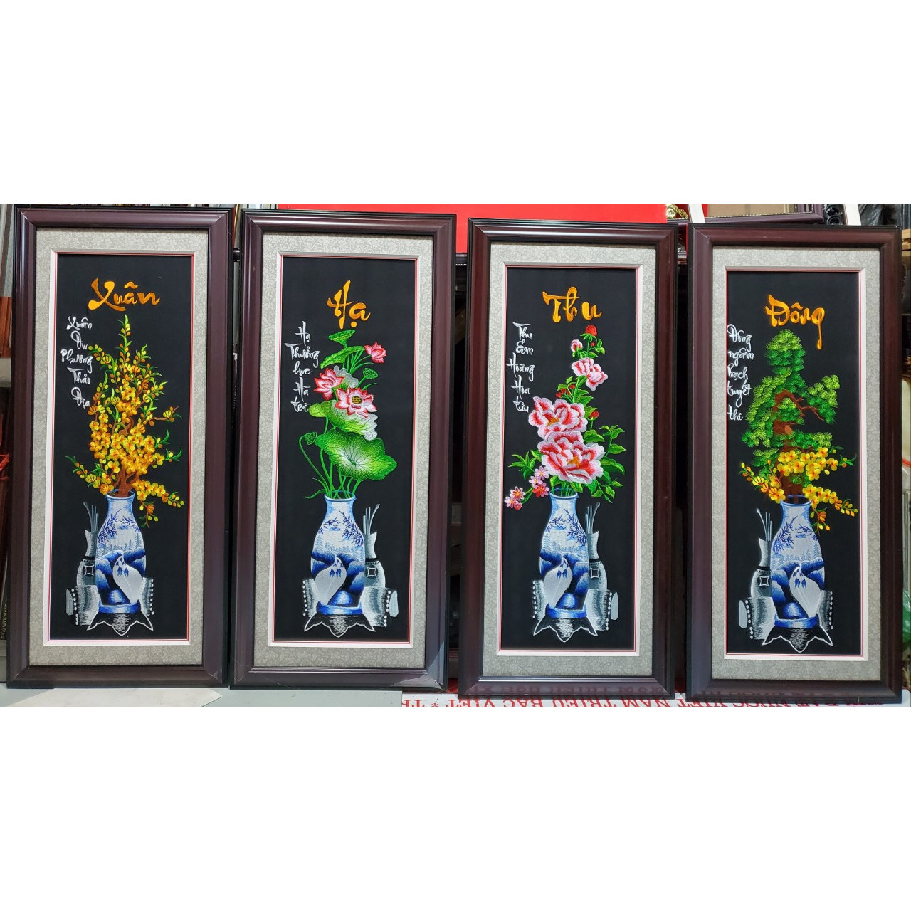TRANH THÊU BỘ TỨ BÌNH - XUÂN HẠ THU ĐÔNG
