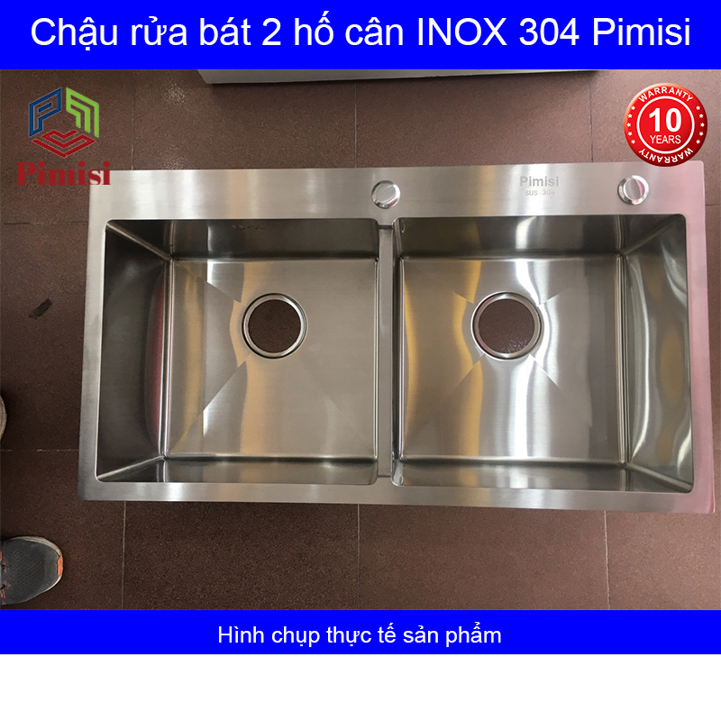 Chậu rửa bát inox 304 Pimisi đúc cao cấp 2 hố cân - kích thước 7843-8245 cm đầy đủ xi phông loại ống to - rỗ đựng đồ, dùng để rửa chén bát gắn được cả âm bàn đá | Hàng chính hãng