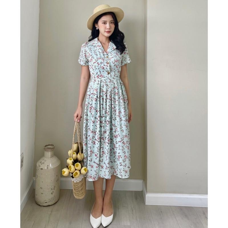 LIN DRESS Đầm hoa cổ vest xếp li nút hoa