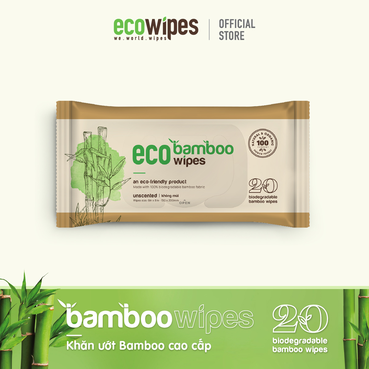 Khăn giấy ướt cao cấp EcoWipes vải sợi tre sinh thái Bamboo không mùi có thể phân hủy trong môi trường