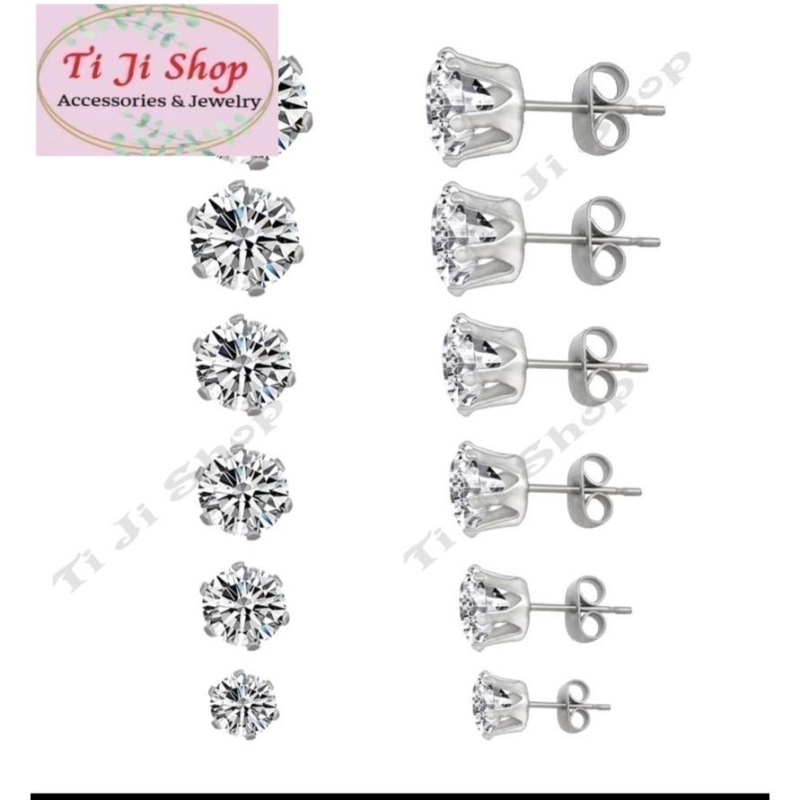 Bông tai inox đá tròn màu trắng cao cấp - 1 đôi -không đen, không gỉ sét,  không dị ứng