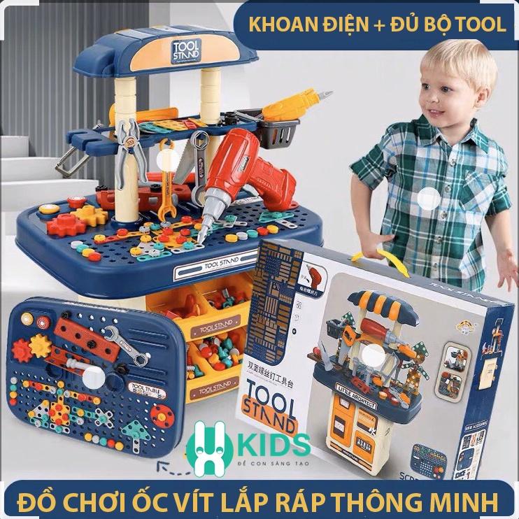 Đồ chơi lắp ráp ốc vít trẻ em, hộp dụng cụ sửa chữa kĩ sư di động gồm máy khoan điện, búa, cưa, tô vít cho bé