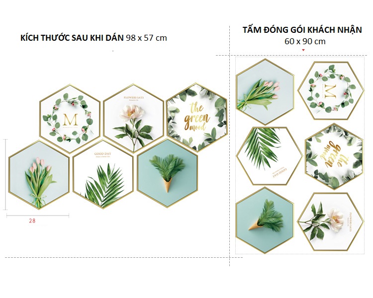 Decal dán tường 3D 6 khung lục giác xanh trang trí phòng khách siêu đẹp, sáng tạo và sang trọng (57 x 98 cm)