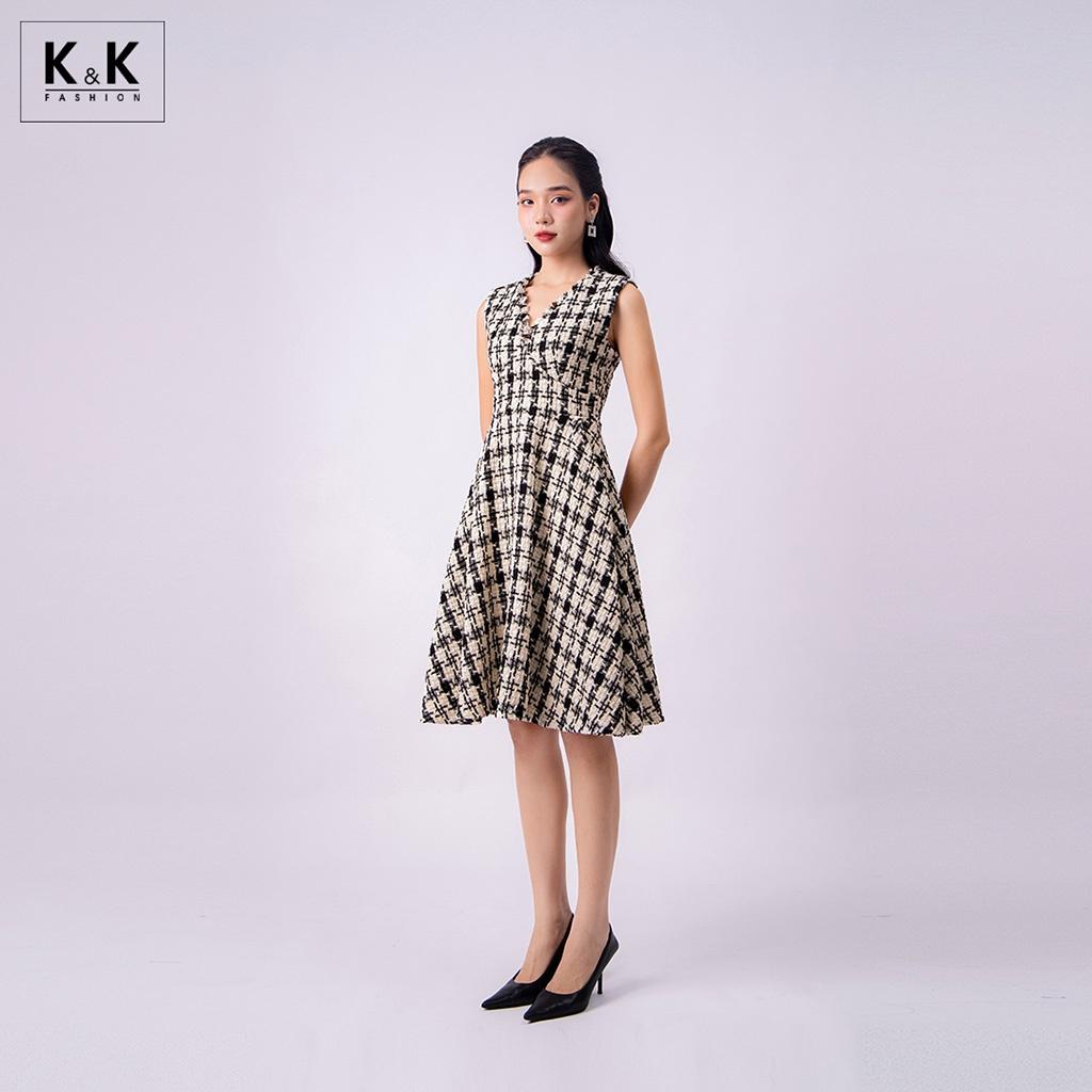 Đầm Xòe Cổ V Vải Tweed K&amp;K Fashion KK130-20 Sát Nách