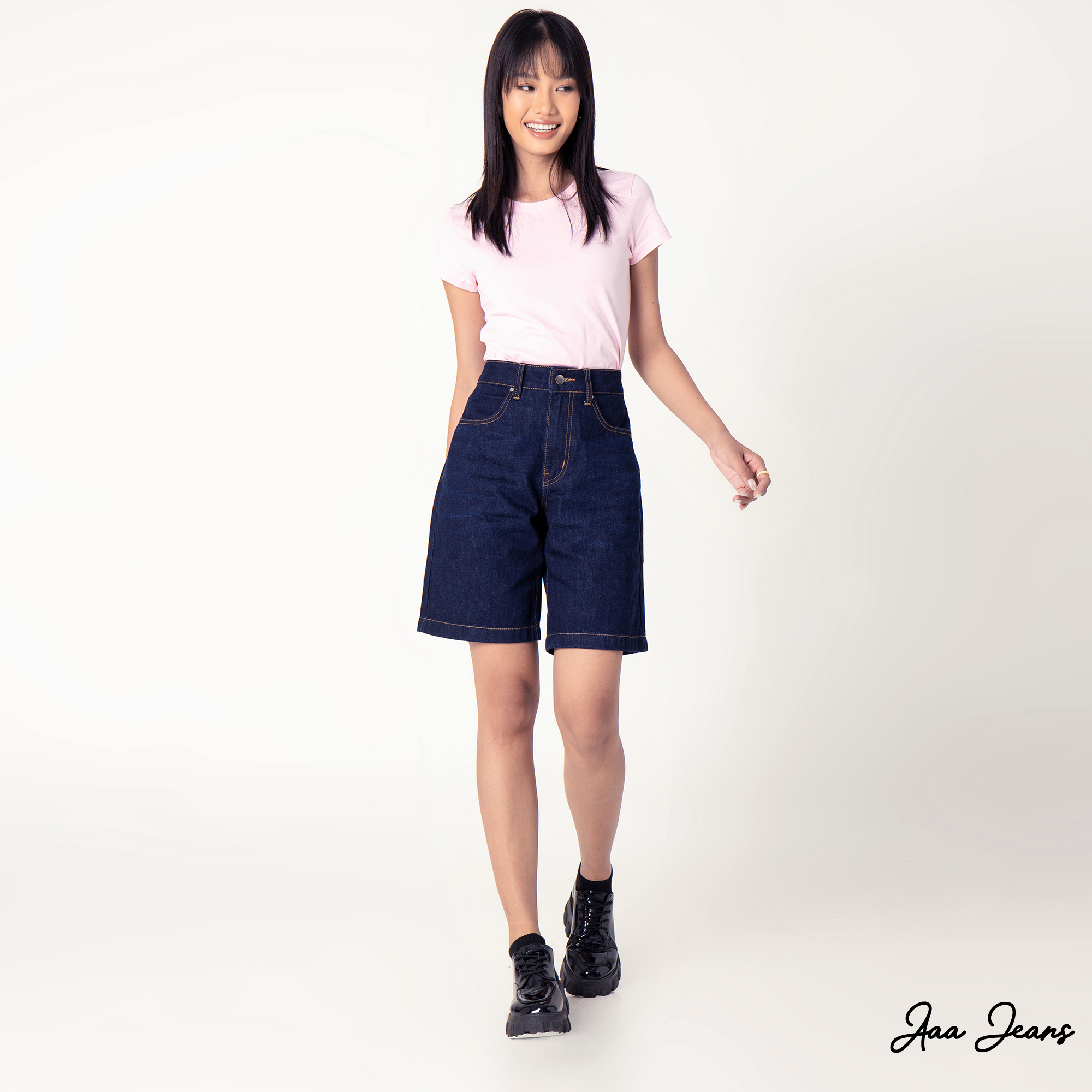 Quần short jean nữ lưng cao ngang gối Aaa Jeans