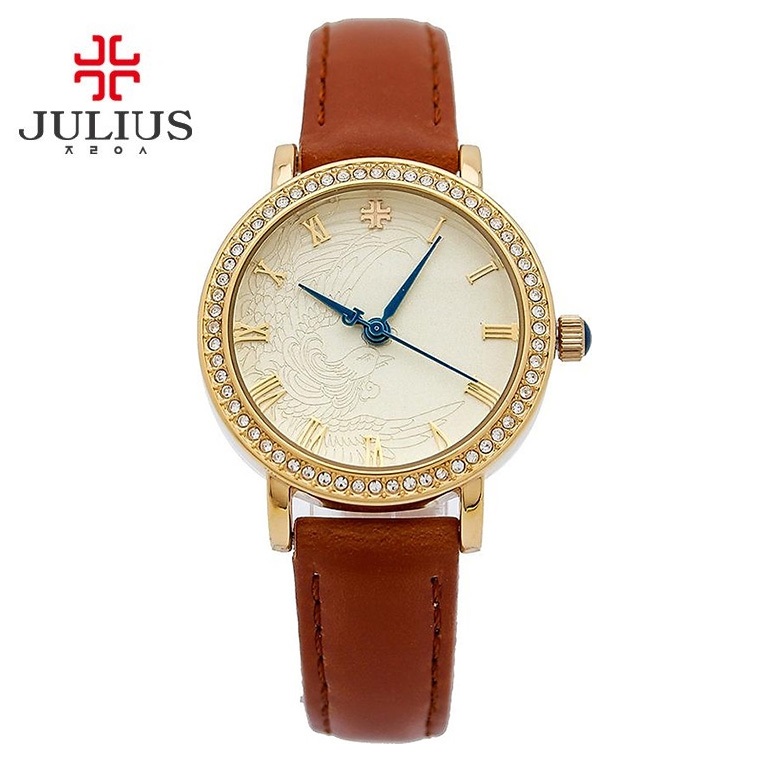 Đồng hồ nữ Julius Hàn Quốc Ja-585 dây da nâu mặt đính đá