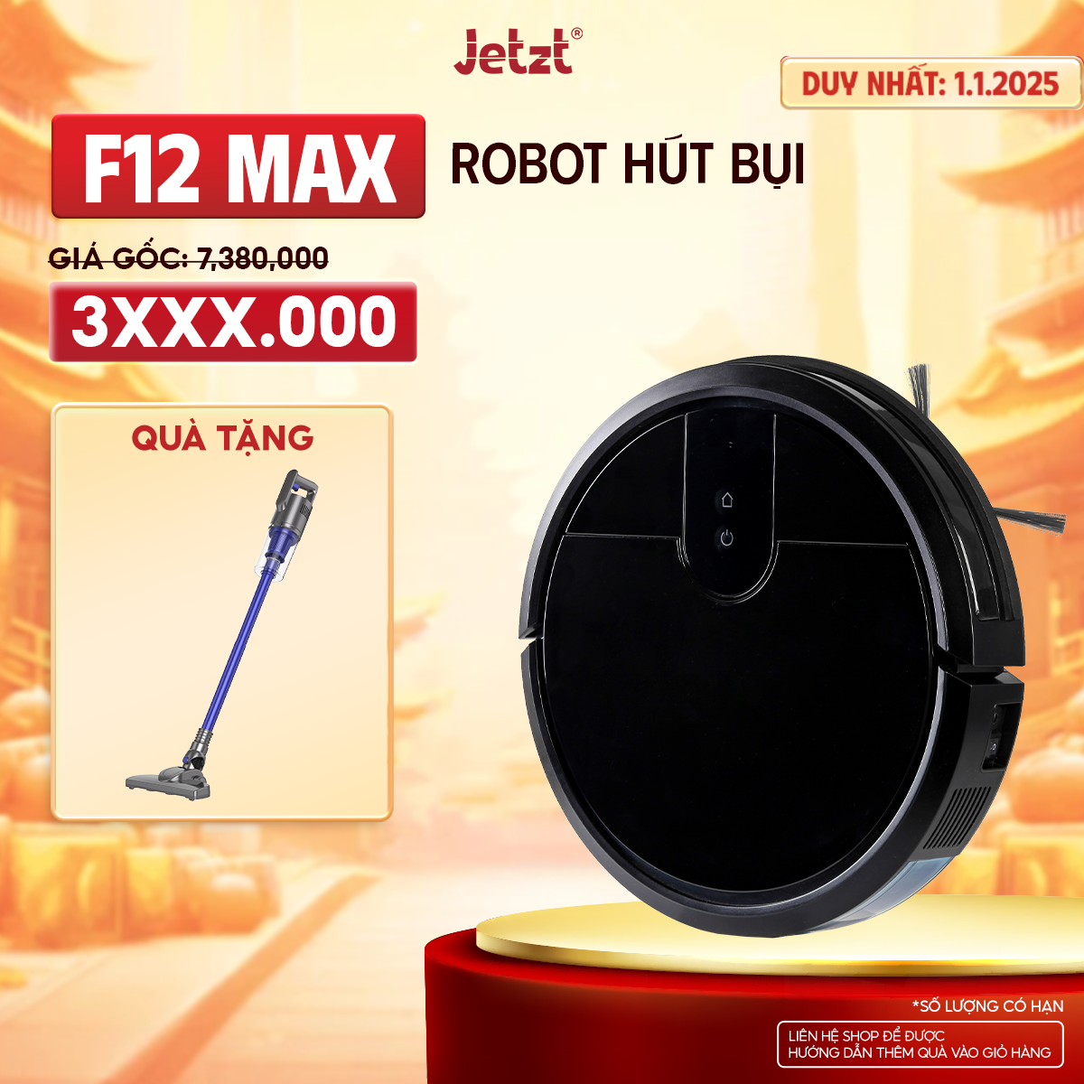 Robot Hút Bụi Lau Nhà Thông Minh Jetzt F12 Max, Hàng Chính Hãng