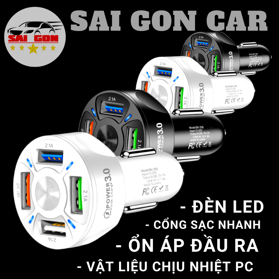 Tẩu sạc nhanh ô tô chia 4 cổng sạc, có tích hợp đèn led, hỗ trợ sạc nhanh QC 3.0, điện áp đầu vào 12V đến 32V