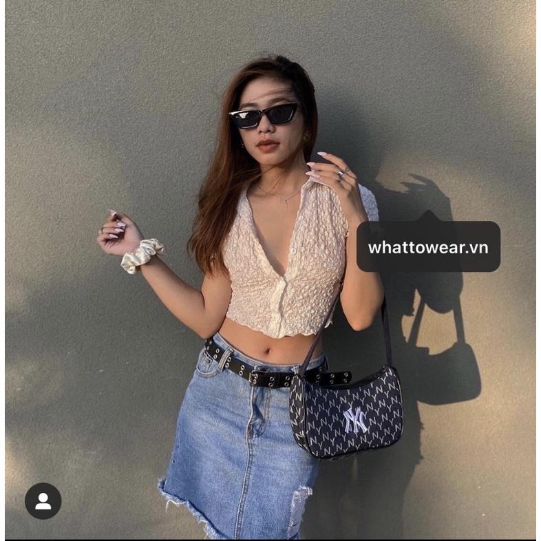 Áo sơ mi croptop tay ngắn vải ren hoa - by Whattowear