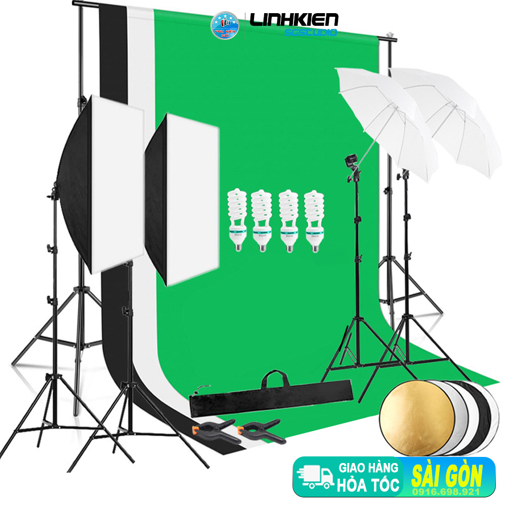 Bộ Kit K10 chụp hình full món khung treo phông 3 nền ,2 softbox bóng 200w ,2 bộ gắn dù tản sáng bóng 200w,2 phản quang