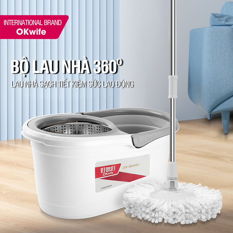 Bộ lau nhà 360 độ cao cấp OKwife Spin Mop có thùng lau nhà tự vắt lồng inox chống gỉ, cây lau nhà 360 độ, 2 bông lau