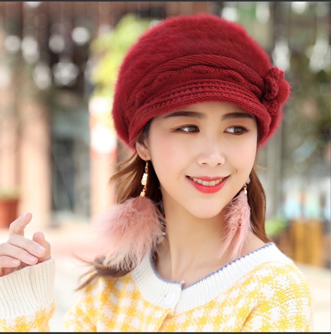 Mũ nón Len lông thỏ nữ 2 lớp lưỡi trai giữ ấm thu đông thời trang Hàn Quốc dona25112701