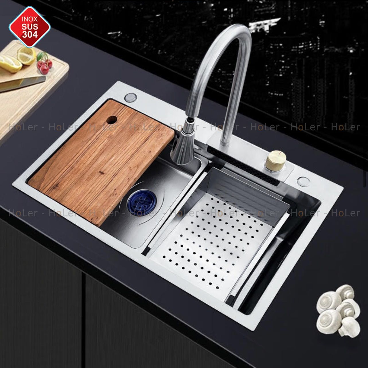 Chậu rửa bát thác nước 1 hố kèm vòi đa chế độ dòng chảy nước kèm bộ phụ kiện inox 304 cao cấp