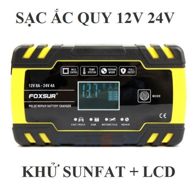 Sạc bình ắc quy 12V 24V FOXSUR từ 6-150Ah có khử susfat phục hồi ắc quy tự ngắt khi đầy