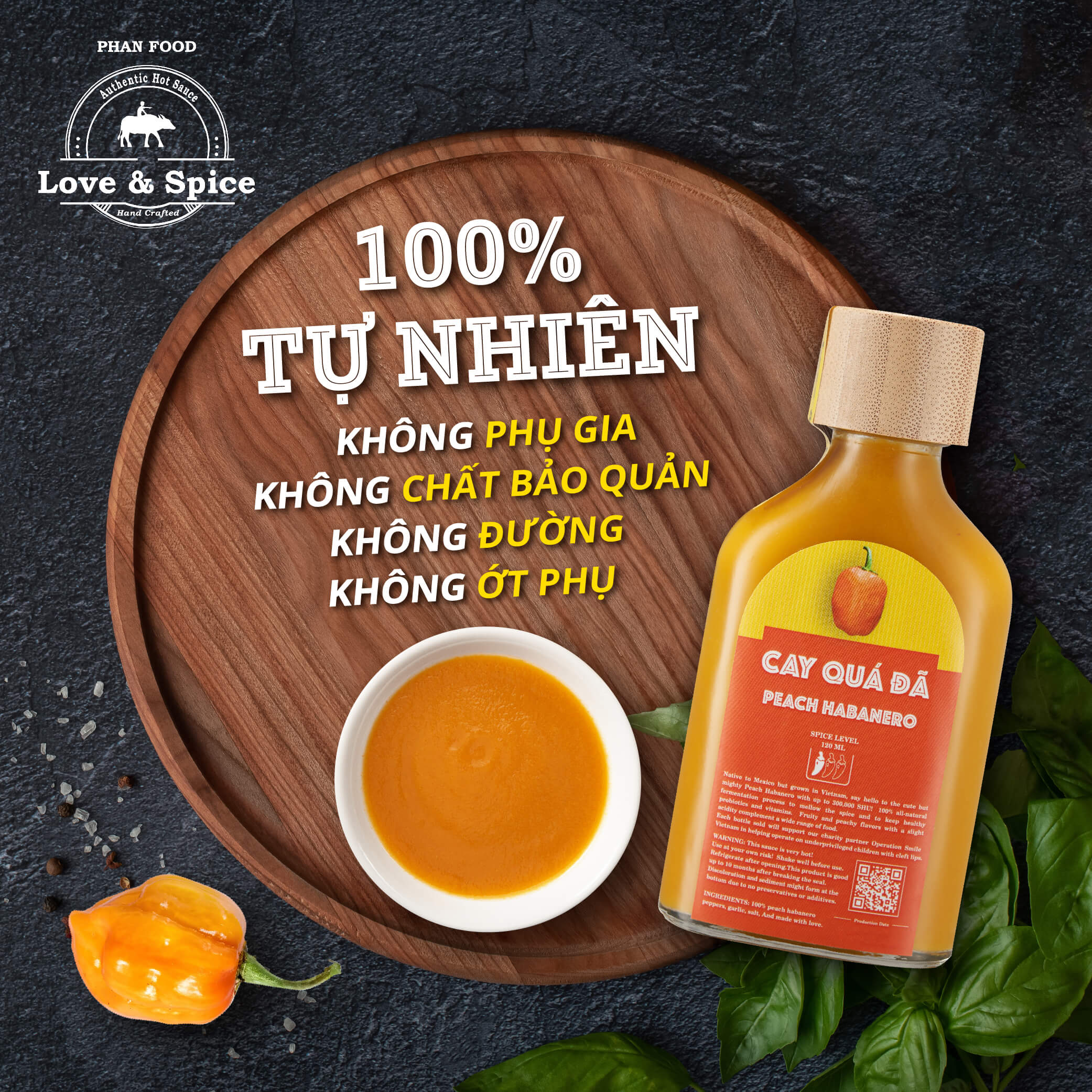 CAY QUÁ ĐÃ - Tương ớt siêu cay Love &amp; Spice (cấp độ 1) lên men tự nhiên từ ớt Peach Habanero chai 120ml