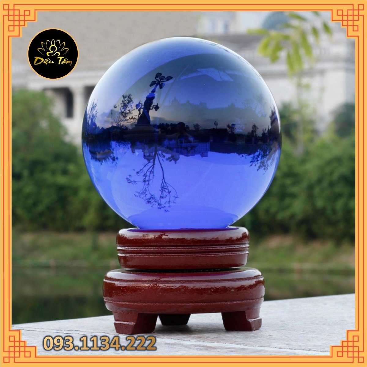 Quả cầu phong thủy pha lê màu xanh lam size to 15cm hợp mệnh Mộc, mệnh Thủy đồ phong thủy trang trí