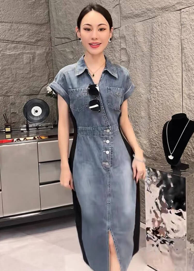 Đầm jean cổ bẻ phối thun