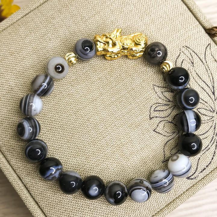 - Vòng phong thủy -Vòng tay nữ mã não vân trắng mix tỳ hưu- Vòng phong thủy hợp mệnh Thủy