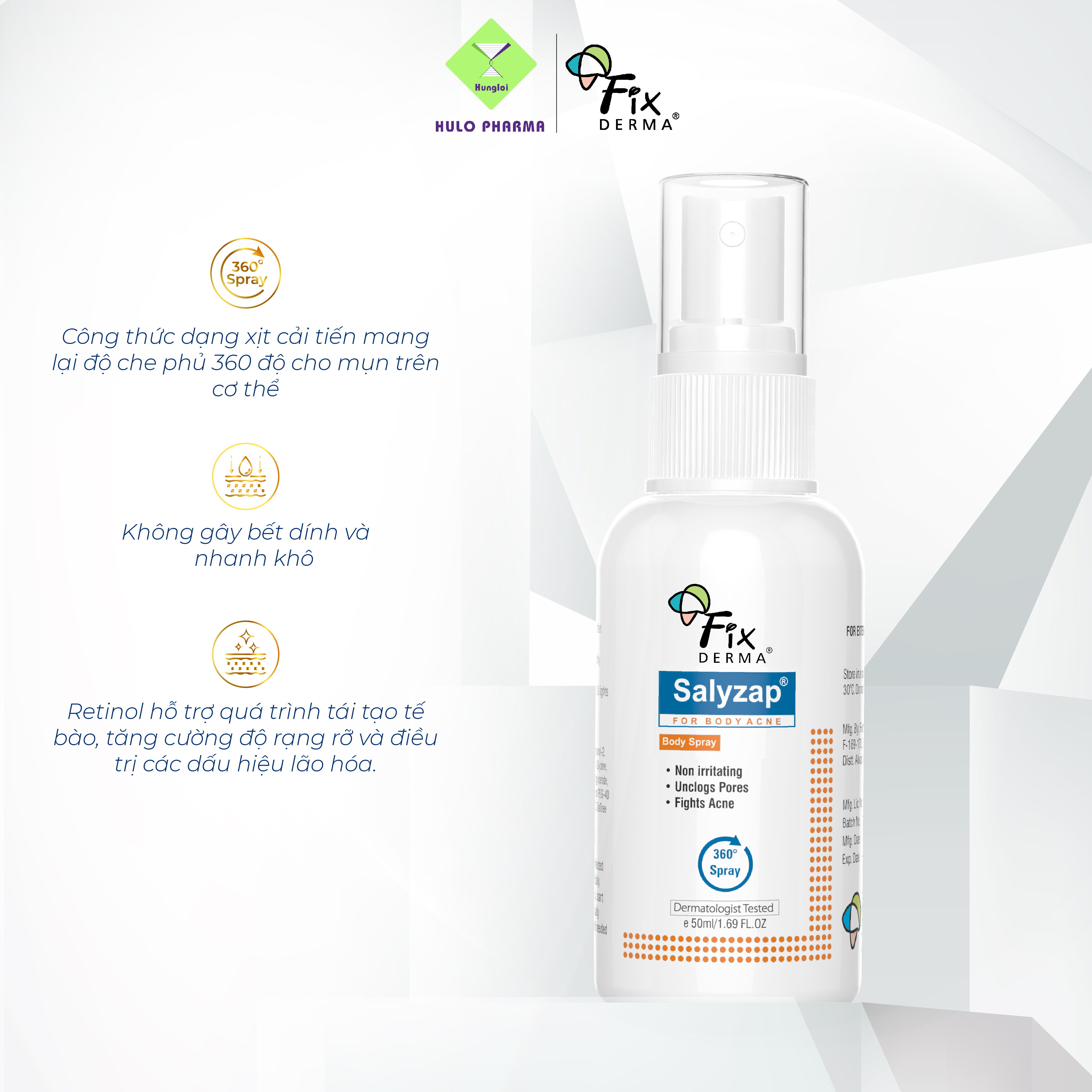 Xịt Mụn Lưng FIXDERMA Salyzap For Body Spray Ngừa Mụn, Giảm Viêm, Ngăn Dày Sừng Nang Lông Giúp Da Sáng Mịn, Giảm Thâm Mụn 50ml