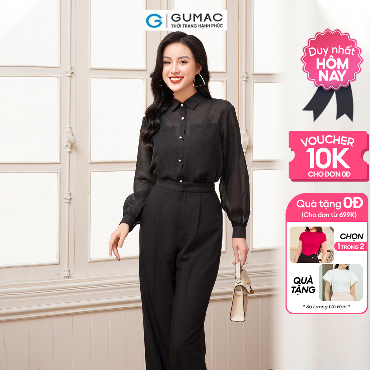 Áo sơ mi thắt nơ thời trang GUMAC AD10052