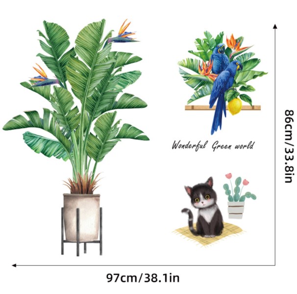 Decal chú mèo con bên chậu cây và đôi chim két